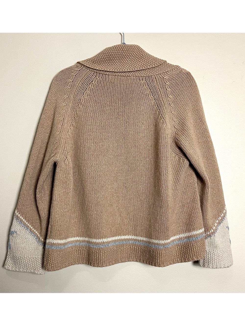 THE GREAT. Beige Knit Cardigan with Cream and Yellow Intarsia - Picture 6 of 13